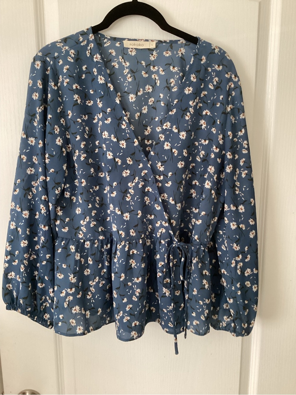 Rokoko Blue Floral Wrap Peplum Blouse with Tie Waist